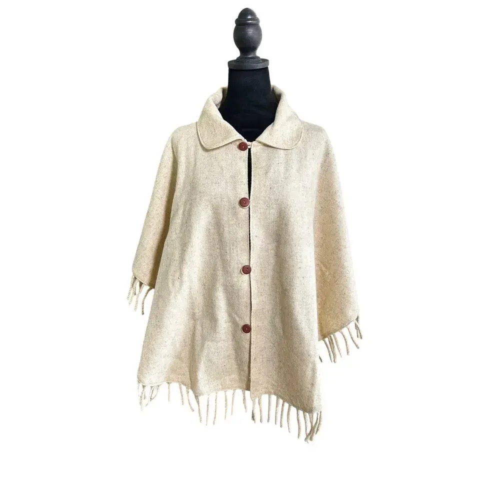 Artilana Wool Cape Poncho Cream Fringe Ruana Wrap Jacket Boho One Size